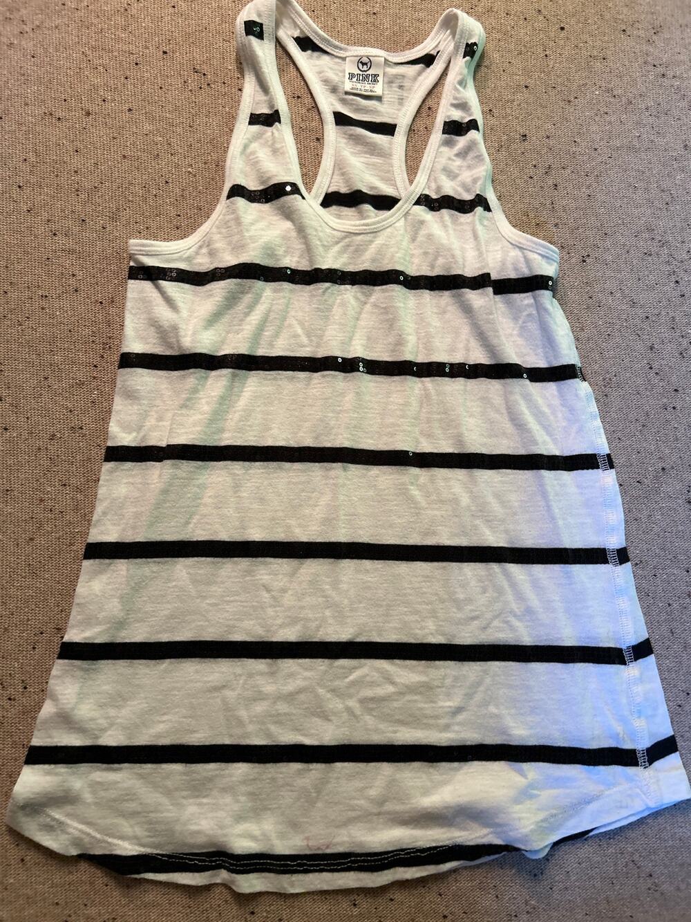Y2K Pink Victoria's Secret Sequin Striped Tank Top XS Black White